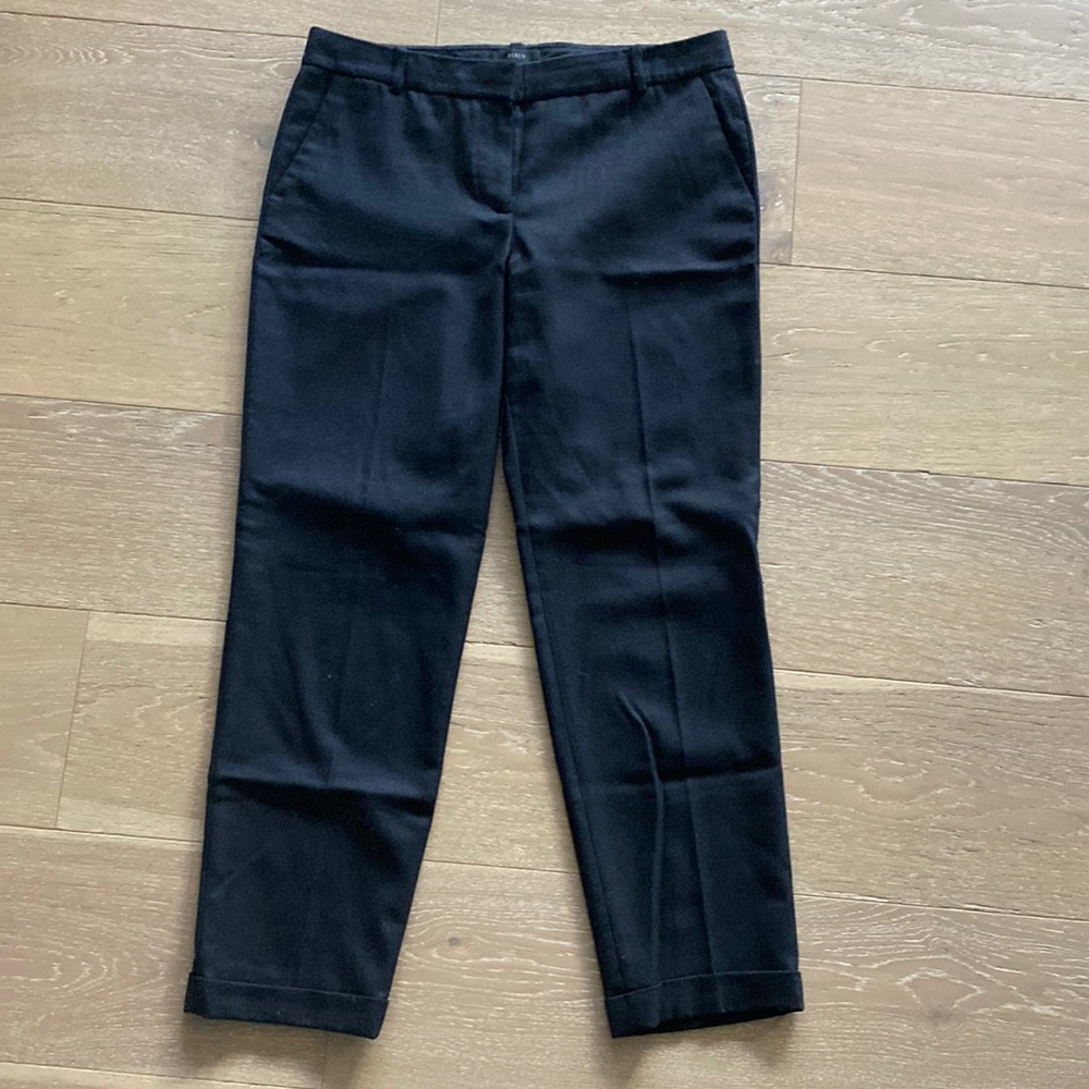 Wool unlined J crew black cropped pants cuff straight leg flat front